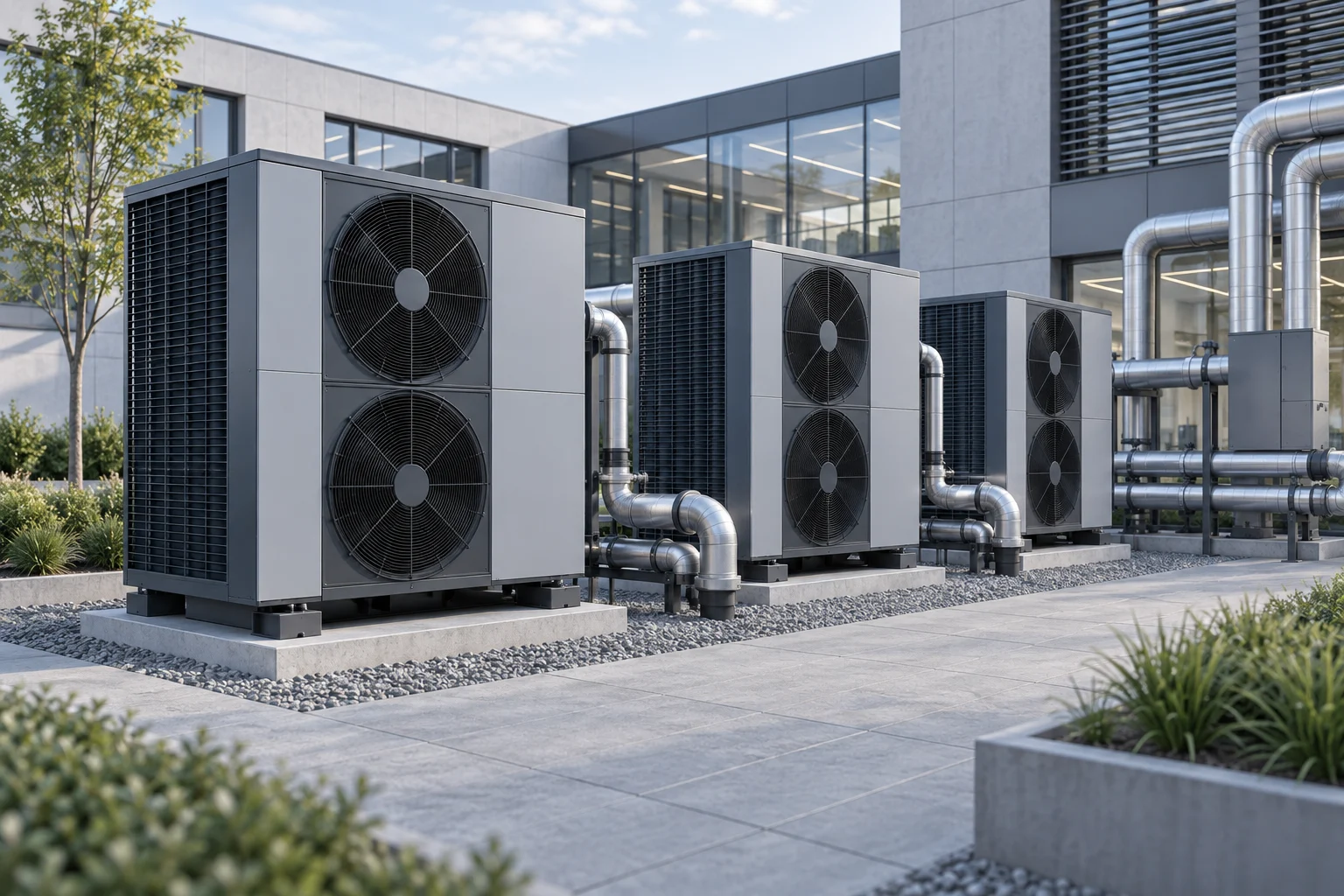 Architektonische Visualisierung einer Großwärmepumpenanlage mit drei Außenmodulen